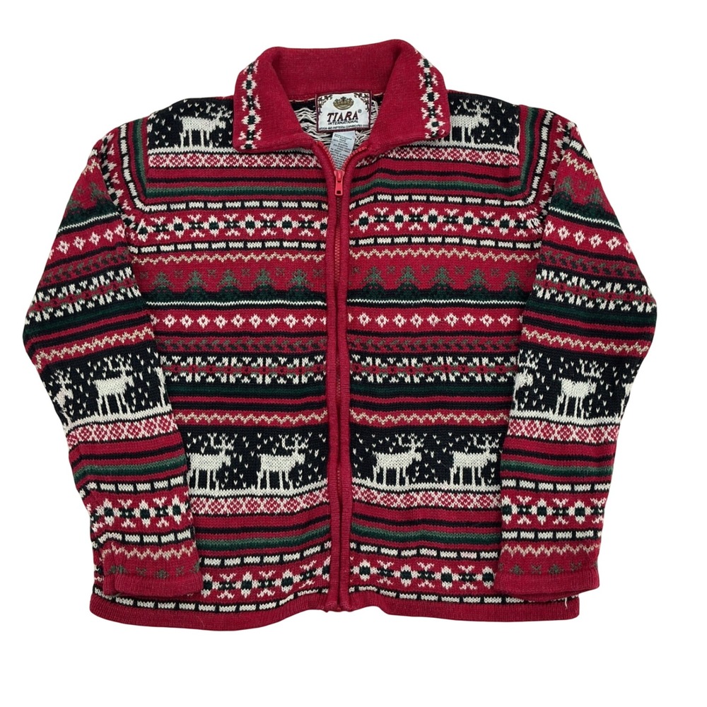 Vintage Tiara International Reindeer Cardigan Small Red Fair Isle Zip Up Y2K